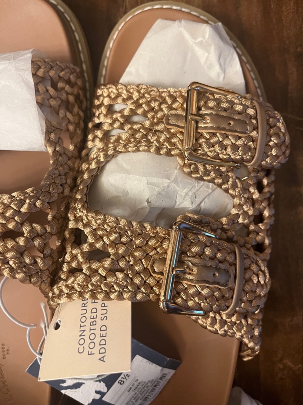 Size 8.5 Universal Thread Braided Double-Buckle Slide Sandals in Tan/Gold - Picture 8 of 9